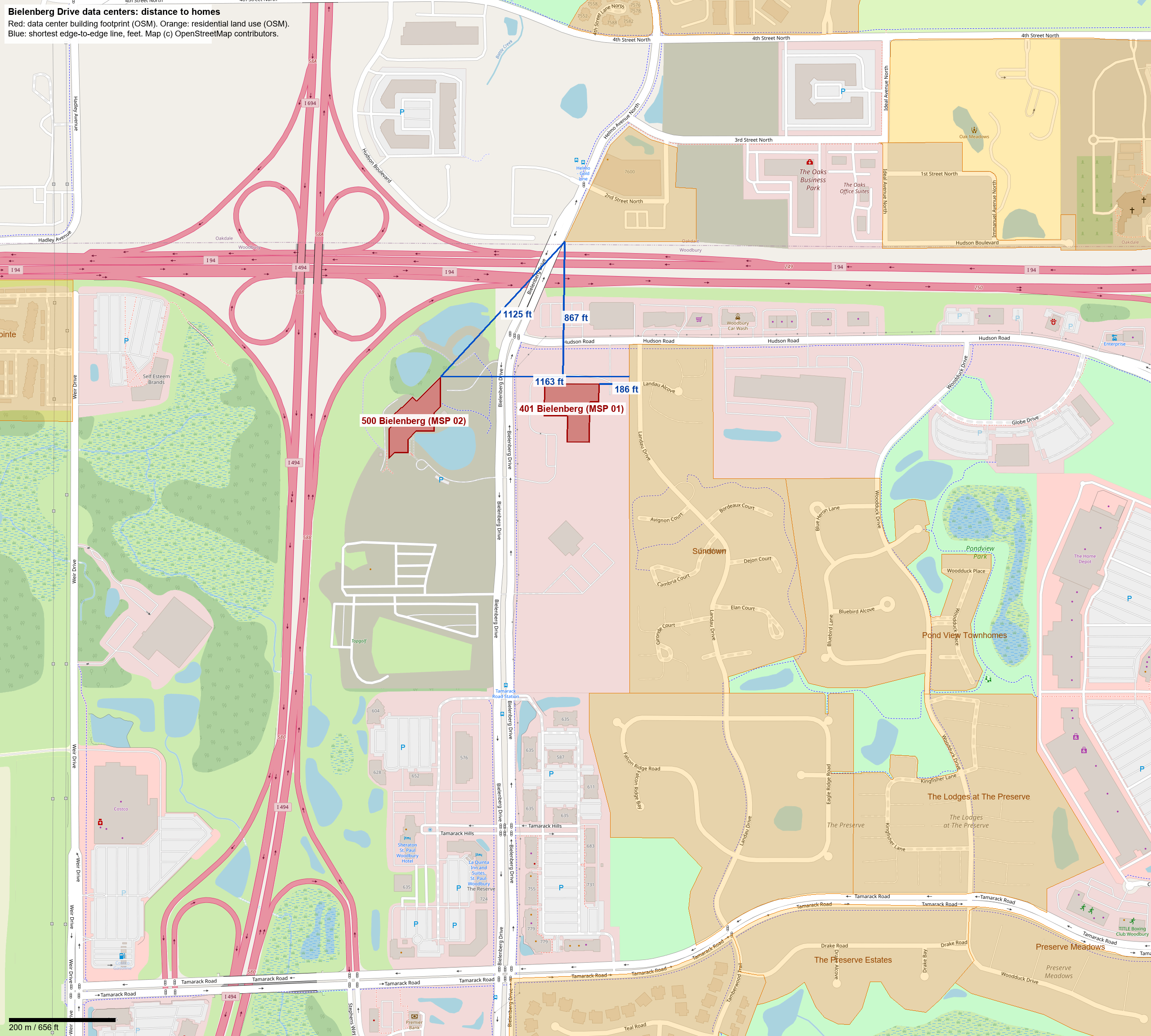 Aerial photograph with measurement overlay showing 186 feet distance from 401 Bielenberg to Sundown neighborhood residential homes